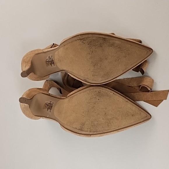 Not Just A Pump 7 Vegan Tan Suede High Heel Ankle Tie Boho Dress Shoe Jean Shoe - Picture 7 of 10